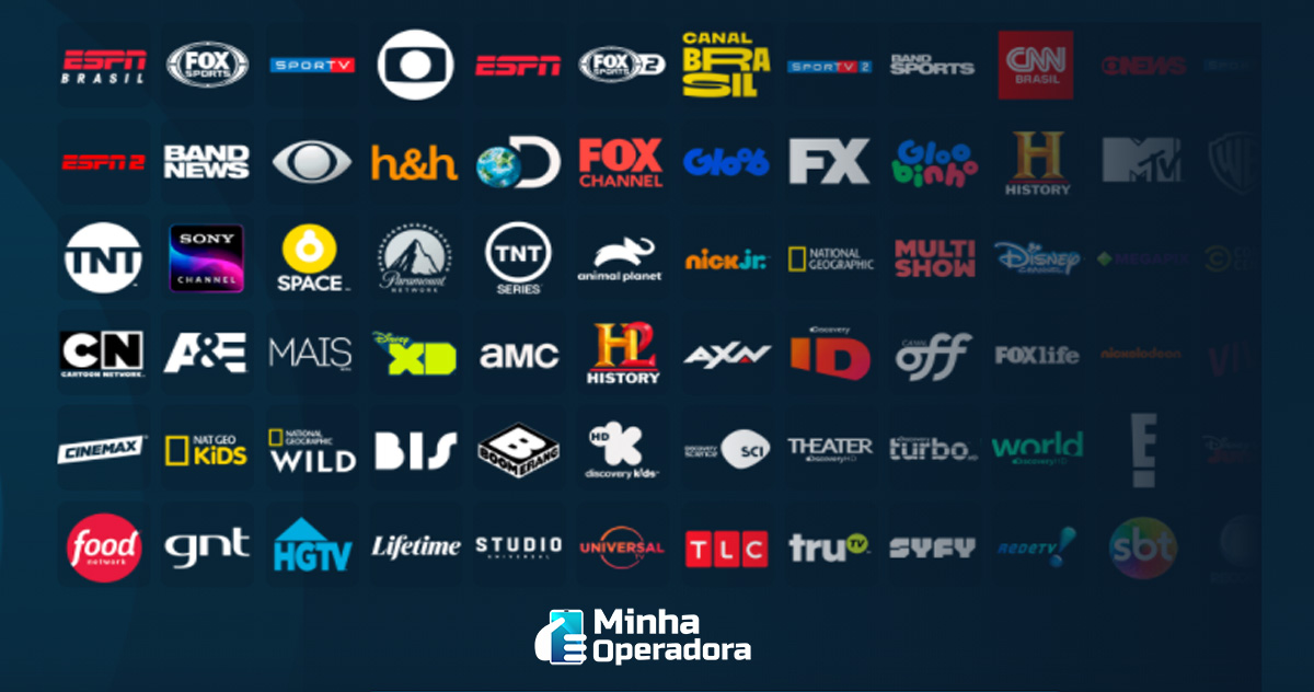 Interface de TV com diversos canais e filmes